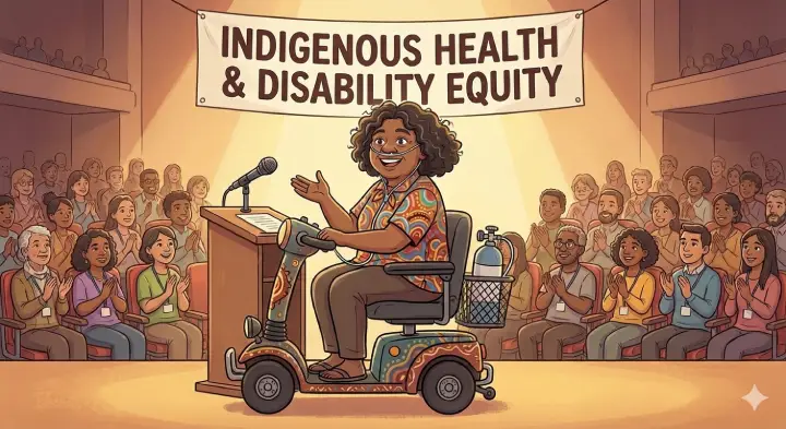 First Nations Disability Heroes — the Advocate speaking at a podium, engaging with community members